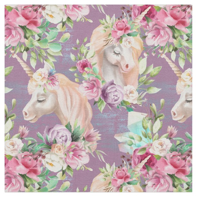 Söt Blommigt Unicorn Mönster om Lavender Tyg (Närbild)