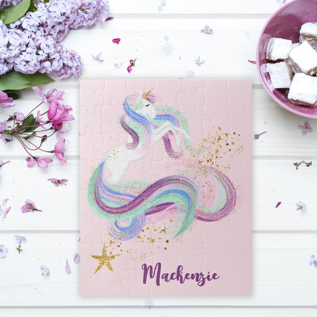 Söt Blommigt Unicorn Personlig Kids Pussel (Pretty Floral Unicorn Personalized Kids Jigsaw Puzzle)
