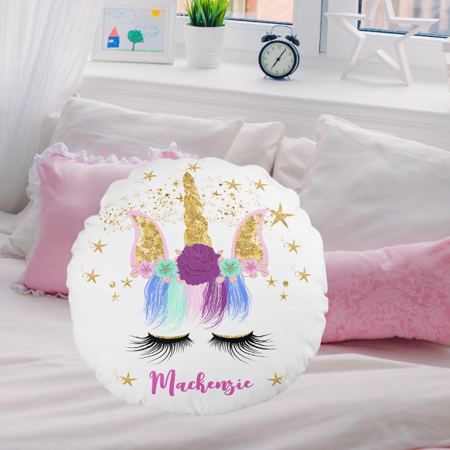 Söt Blommigt Unicorn Rund Kudde (Pretty Floral Unicorn Round Pillow)