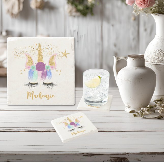 Söt Blommigt Unicorn Stenunderlägg (Pretty Floral Unicorn Stone Coaster)