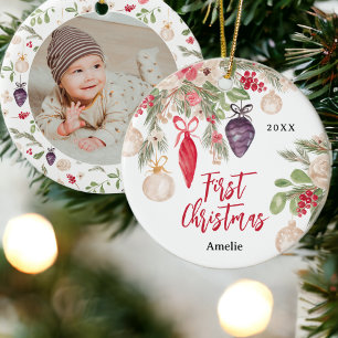 Söt blommigt vattenfärg baby första jul julgransprydnad keramik