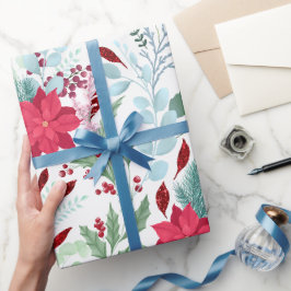 Söt blommigt vattenfärg glitter röd poinsettia presentpapper