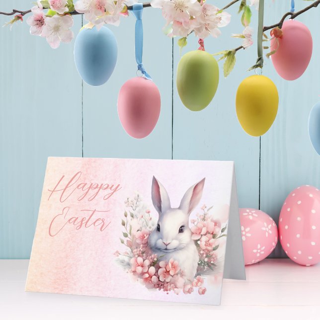 Söt Blommigt Vattenfärg Påskhare Glad påsk Helgkort (Sweet Floral Watercolor Easter Bunny "Happy Easter" Holiday Greeting Card with Inside Message)