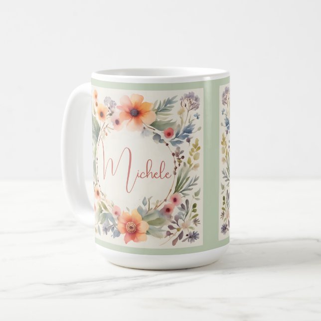 Söt Blommigt vattenfärgsmonogram Kaffemugg (Framsida vänster)