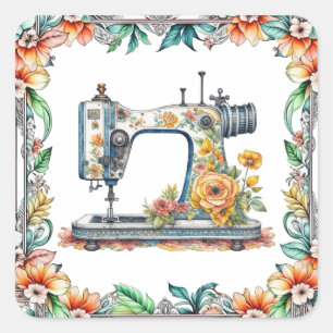 Söt Blommigt Vintage Sewing Maskin and Flowers Fyrkantigt Klistermärke