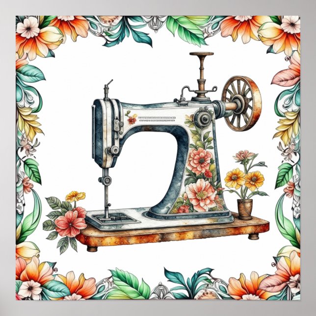 Söt Blommigt Vintage Sewing Maskin Poster (Framsidan)