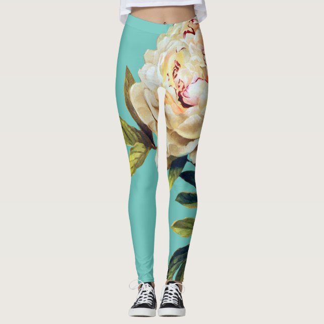 Söt blommigt Vit ros och teal Leggings (Framsida)