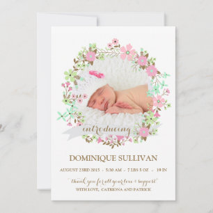 SÖT BLOMMIGT WREATH PHOTO BIRTH ANNOUNCEMENT MEDDELANDE