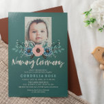 Söt Blommigtar | Rosa och Grönt Namngivning av Cer Inbjudningar<br><div class="desc">Inbjudan till en namnceremoni med en bukett av rosa och blått ro som ger bilden av din vackra lilla flicka. Namngivningsceremonin är skriven med ett stort fet,  handskrivet teckensnitt. Baksidan har en sömlös mönster av blommor och löv.</div>