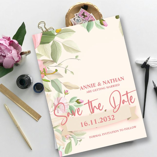 Söt Blommigten för  Rosa Bröllop spara datum Datumet (Pretty Blush Pink Floral Wedding Save the Date Invitation)