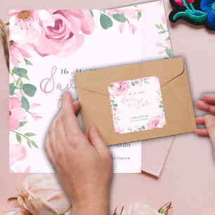 Söt Blommigten för Rosa Bröllop spara datum Fyrkantigt Klistermärke