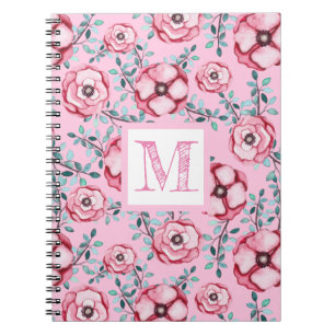 Söt Blommönster Rosa Monogram Anteckningsbok