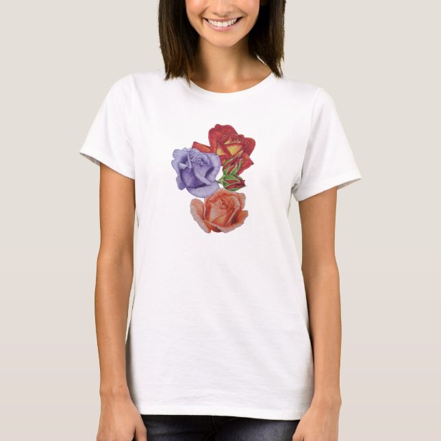 söt blommor röd ros och ro buskar blommigt t shirt (Framsida)
