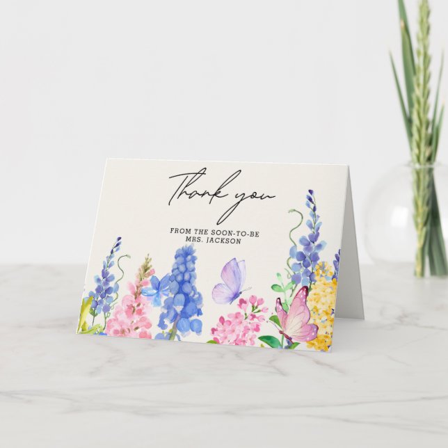 Söt blomsterbukett ger mig fjärilar Bröllopsdusch Tack Kort (Framsida)