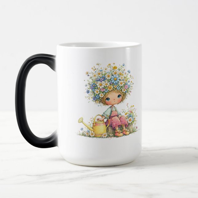Söt blomsterflicka Vattenfärg Trädgårdskonst Magisk Mugg (Vänster)