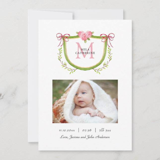 Söt blomsterprydnad med monogram för en babyflicka meddelande (Framsida)