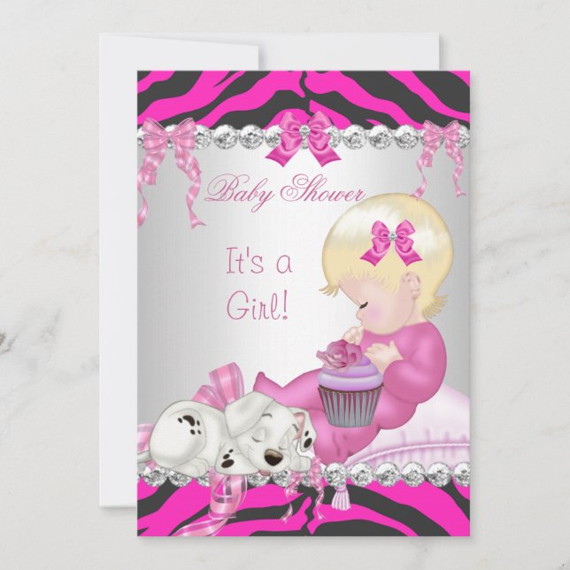 Söt Blond Bebis Babyshower Flicka Rosa Zebra Cupca Inbjudningar (Framsida)