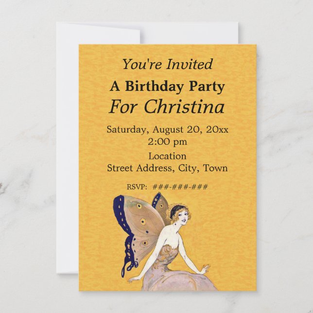 Söt Blond Birthday Fairy Butterfly Vingar Gult Inbjudningar (Framsida)