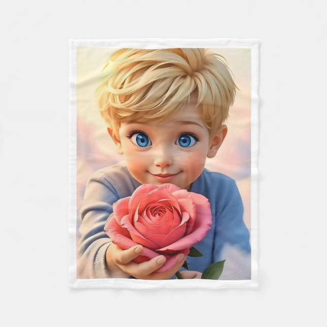 Söt blond pojke som håller rosa rosfilt av fleece (Framsidan)