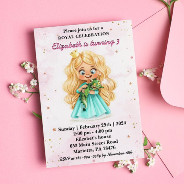 Söt blond prinsessa med en drakfödelsedagsfest inbjudningar (Skapare uppladdad)
