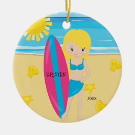 Söt blond surfartjej personlig jul julgransprydnad keramik