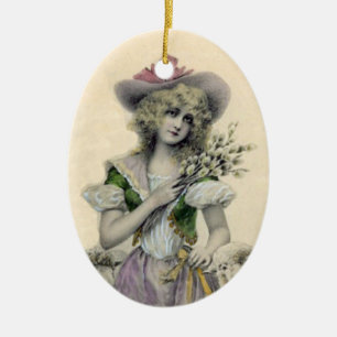 Söt Blond Victorian Little Bo Peep Dam Sheep Julgransprydnad Keramik