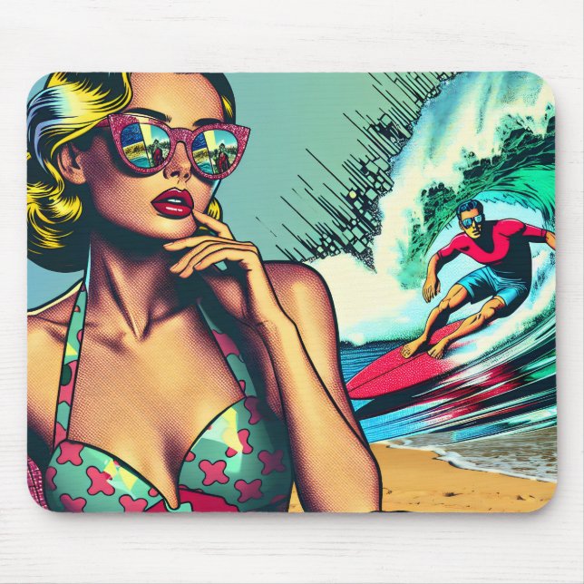 Söt Blonde Retro Woman och Surfer Guy Musmatta (Framsidan)