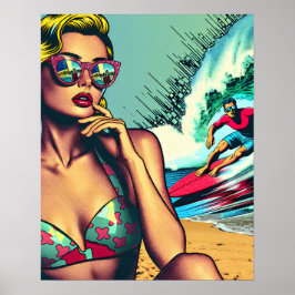 Söt Blonde Retro Woman och Surfer Guy Poster