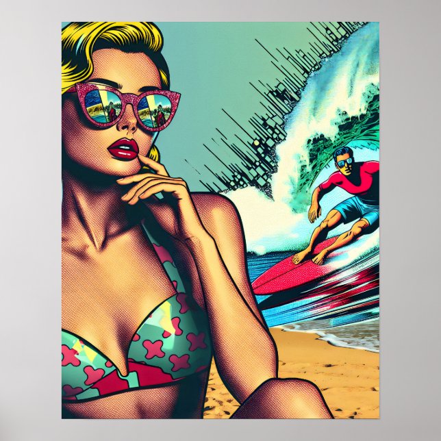 Söt Blonde Retro Woman och Surfer Guy Poster (Framsidan)