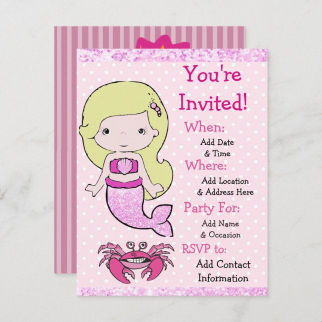 Söt Blonde Sjöjungfru Födelsedagsfest inbjudan (Fram/baksida)