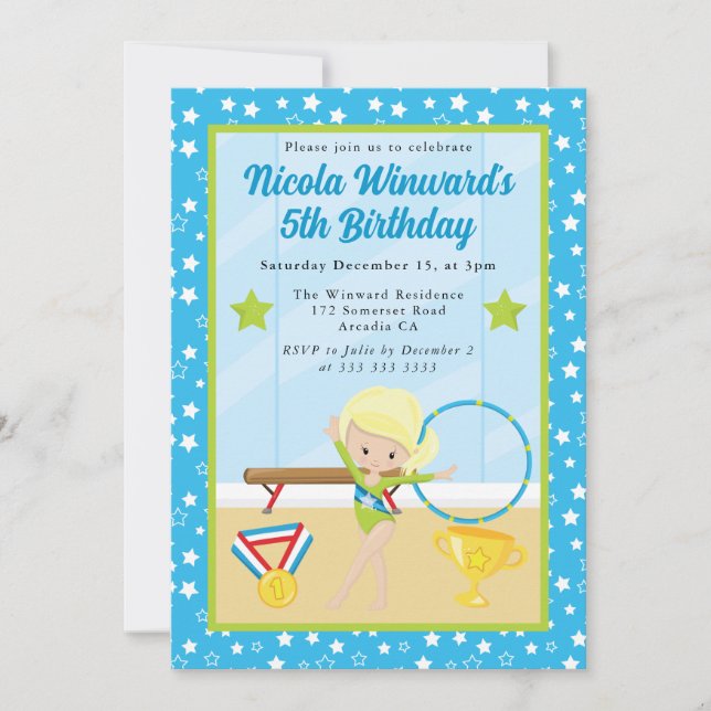 Söt blondhårig gymnast flicka Födelsedagsfirande  Inbjudningar (Framsida)