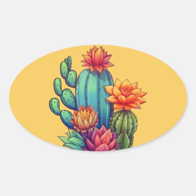 Söt Blooming Cactus Ovalt Klistermärke (Framsida)