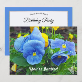 Söt Blue and Gult Pansy Blommigt Photo Birthday Inbjudningar
