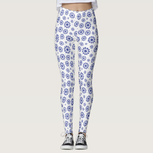 Söt Blue and White Abstrakt Daisy Mönster Leggings