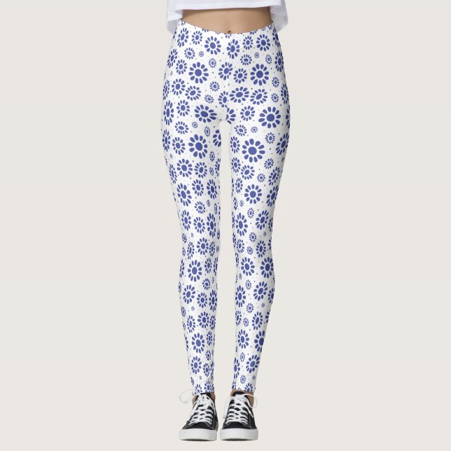 Söt Blue and White Abstrakt Daisy Mönster Leggings (Framsida)