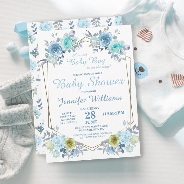 Söt Blue Blommigt Det är en pojkvän-babyskor Inbjudningar (Skapare uppladdad)
