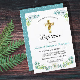 Söt Blue Blommigt Guld Kor Boy Baptism Inbjudningar