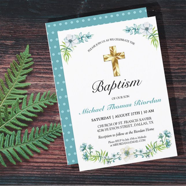 Söt Blue Blommigt Guld Kor Boy Baptism Inbjudningar (Skapare uppladdad)