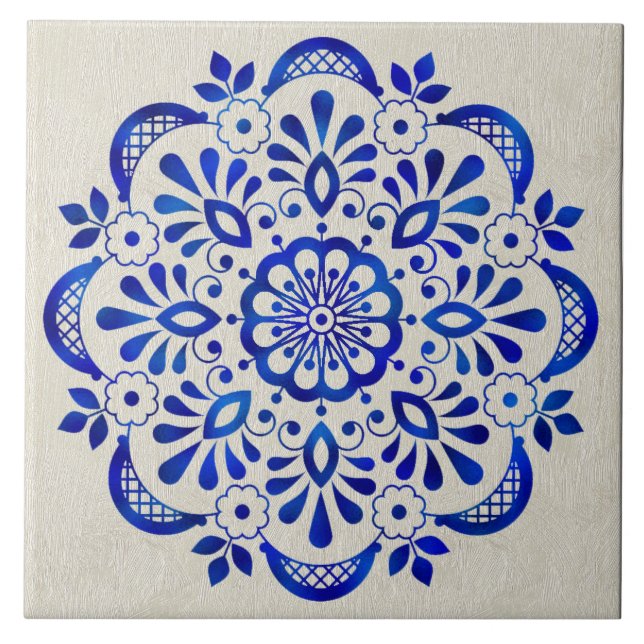Söt Blue Blommigt Mandala Ceramic Tile. Kakelplatta (Framsidan)