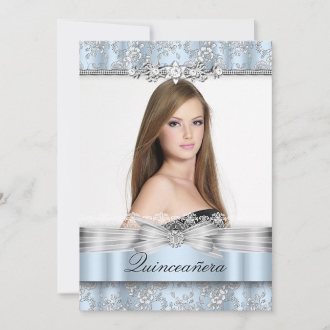 Söt Blue Blommigt Photo Quinceanera-inbjudan Inbjudningar (Framsida)