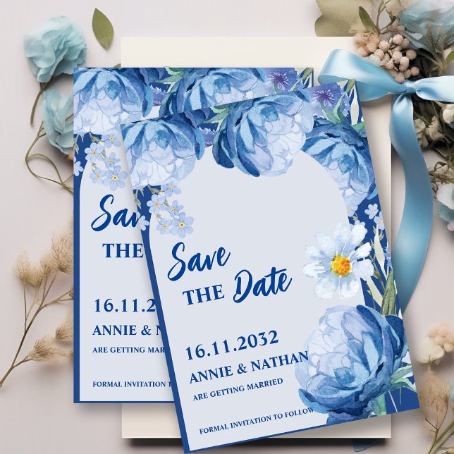 Söt Blue Blommigts Trendig Bröllop spara datum Datumet (Pretty Blue Florals Trendy Wedding Save the Date Invitation)