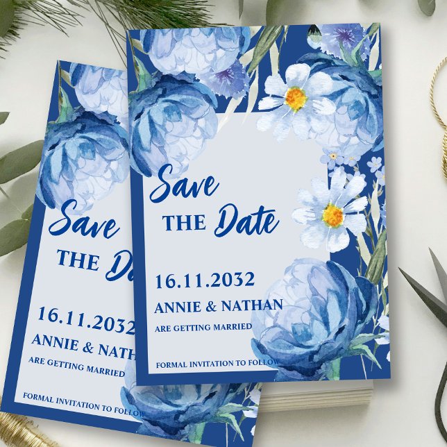 Söt Blue Blommigts Trendig Bröllop spara datum Spara Datumet (Pretty Blue Florals Trendy Wedding Save the Date Invitation)
