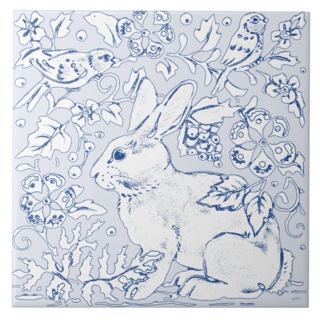 Söt Blue Bunny Rabbit Bird Blommigt Ansikte Lämnat Kakelplatta (Framsidan)