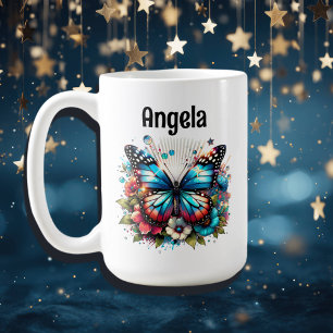 Söt Blue Butterfly and Flowers Personlig Kaffemugg