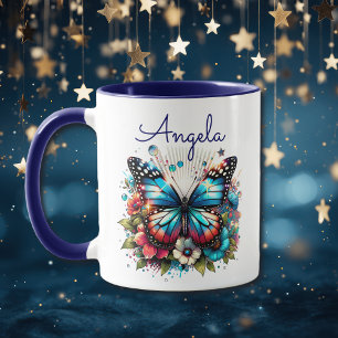 Söt Blue Butterfly and Flowers Personlig Mugg