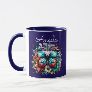 Söt Blue Butterfly and Flowers Personlig Mugg