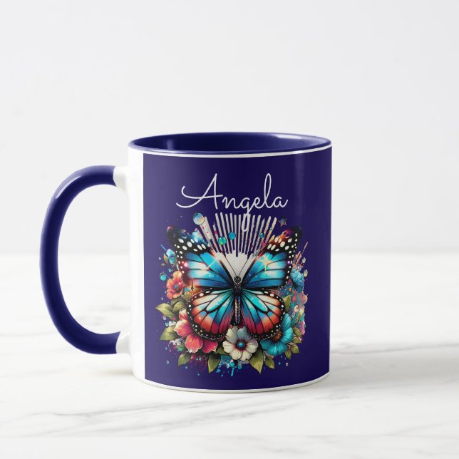 Söt Blue Butterfly and Flowers Personlig Mugg (Vänster)