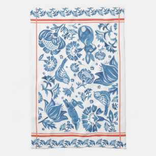 Söt Blue, Coral Rabbit Bird Folk Land Blommigt Kökshandduk
