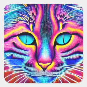 Söt Blue Eyed Colorful Tecknad Ai-genererad katt Fyrkantigt Klistermärke