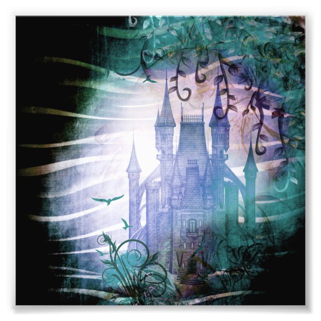 Söt Blue Fairy Tale Fantasy Garden Castle Fototryck (Framsidan)